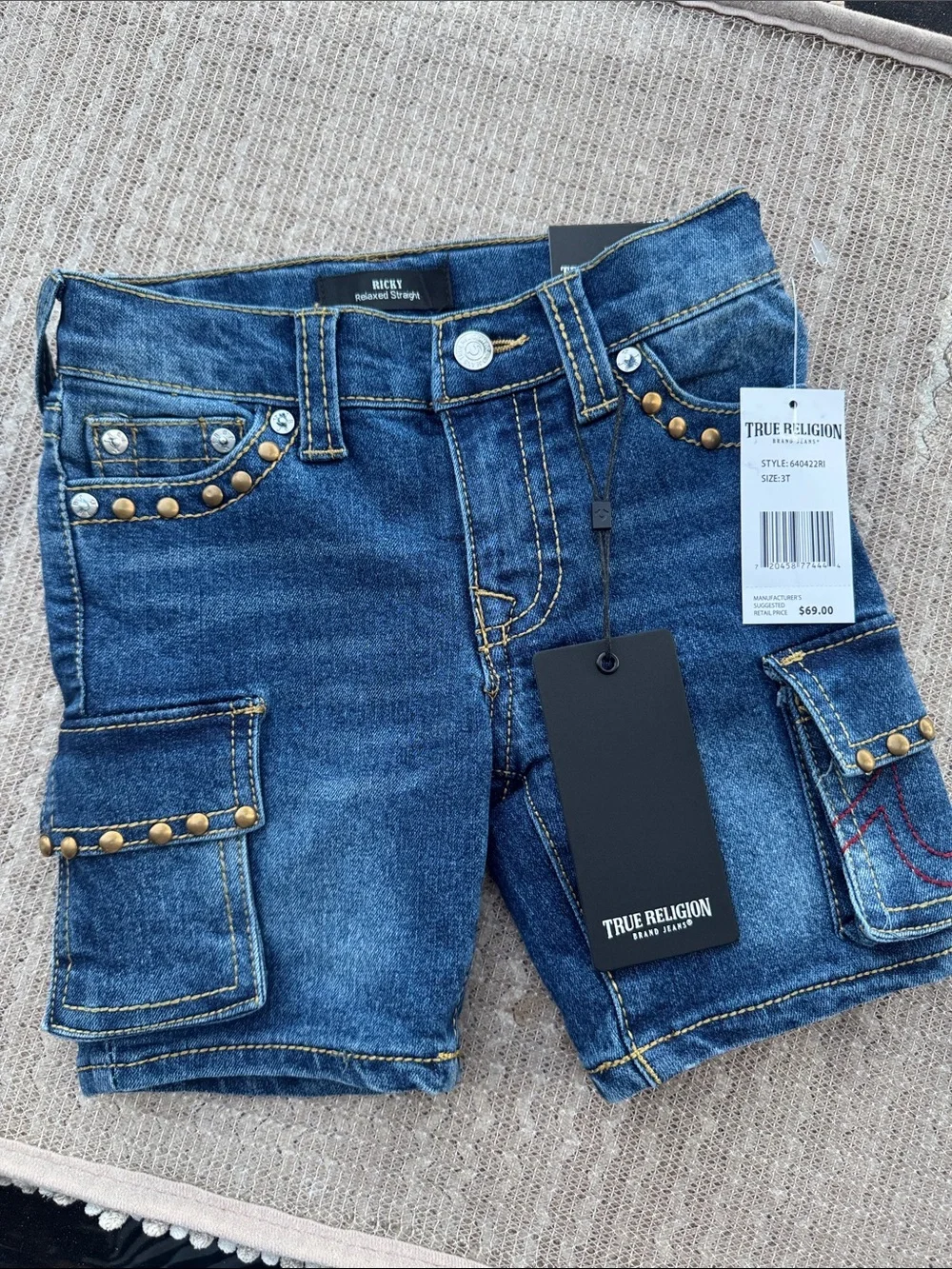 True Religion Blue Denim Cargo Shorts with Brass Studs